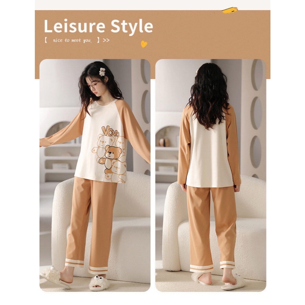 Bộ đồ ngủ nữ dễ thương mới thu xuân 2026: Áo cổ tròn cotton mát in hình hoạt hình【mặc nhà hay dạo phố đều đẹp】