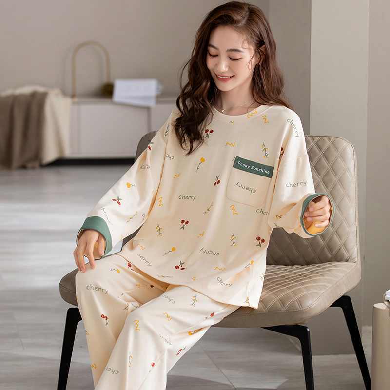 Bộ đồ ngủ nữ dễ thương mới thu xuân 2026: Áo cổ tròn cotton mát in hình hoạt hình【mặc nhà hay dạo phố đều đẹp】