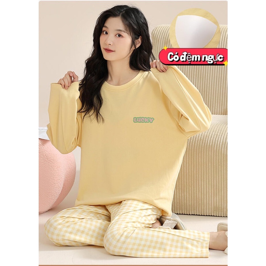 【Xả kho giá rẻ】Bộ Đồ Ngủ Có Sẵn Áo Lót: Họa Tiết Caro Hình Gấu, Thiết Kế Tay Dài Quần Dài Ngay Ngắn, Phong Cách Học Sinh