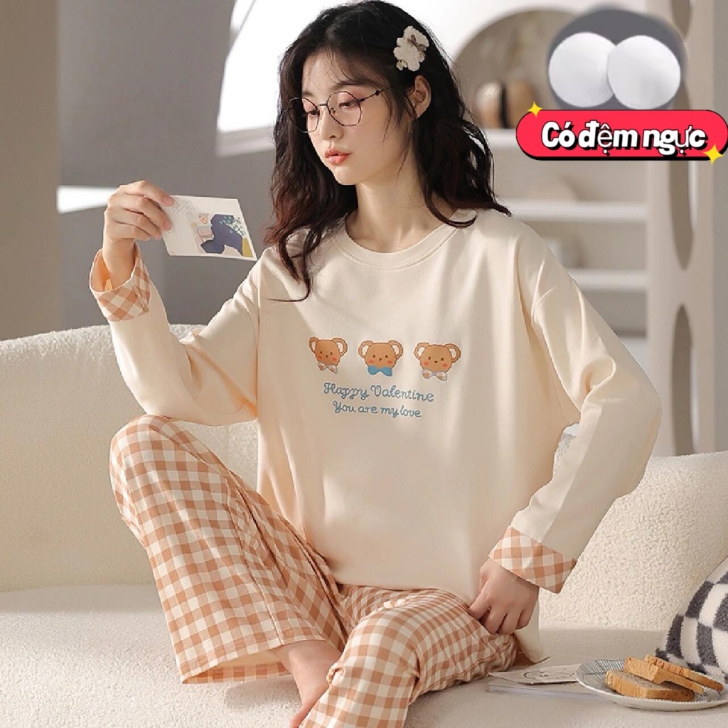 【Xả kho giá rẻ】Bộ Đồ Ngủ Có Sẵn Áo Lót: Họa Tiết Caro Hình Gấu, Thiết Kế Tay Dài Quần Dài Ngay Ngắn, Phong Cách Học Sinh