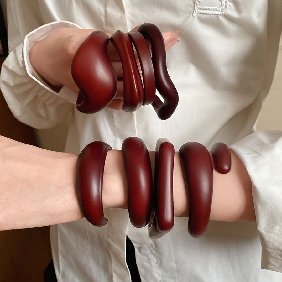 Bộ vòng tay mở không đều màu burgundy độc đáo, phụ kiện thời trang retro dành cho nữ