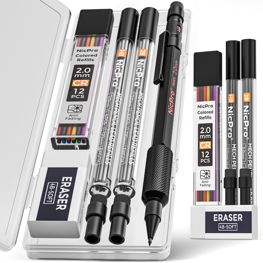 Bút chì cơ kim loại Nicpro 1 PC 2.0mm, Bộ bút chì thợ mộc với 12 lần nạp chì màu đen, 12 lần nạp chì màu, 1 lần tẩy PC, kèm hộp đựng để viết và vẽ