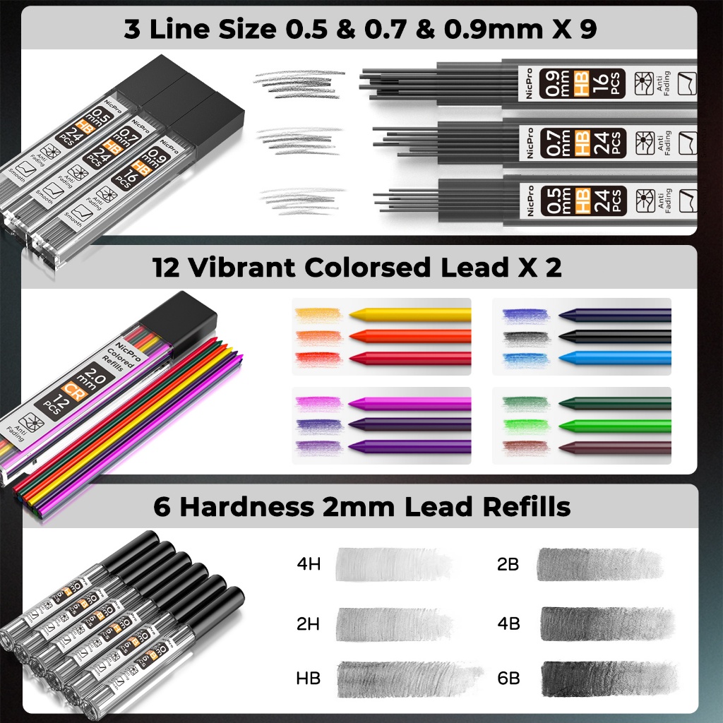 Nicpro 8 Chiếc Bút Chì Cơ Kim Loại Nghệ Thuật Bộ 0.5, 0.7, 0.9 & 2.0 mm Có Vỏ, Bút Chì Kim Loại Có Nạp Chì HB, Tẩy Để Viết, Vẽ, Soạn Thảo Và Phác Thảo