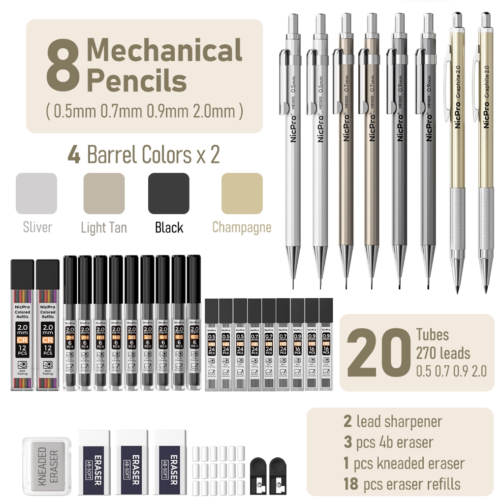 Nicpro 8 Chiếc Bút Chì Cơ Kim Loại Nghệ Thuật Bộ 0.5, 0.7, 0.9 & 2.0 mm Có Vỏ, Bút Chì Kim Loại Có Nạp Chì HB, Tẩy Để Viết, Vẽ, Soạn Thảo Và Phác Thảo