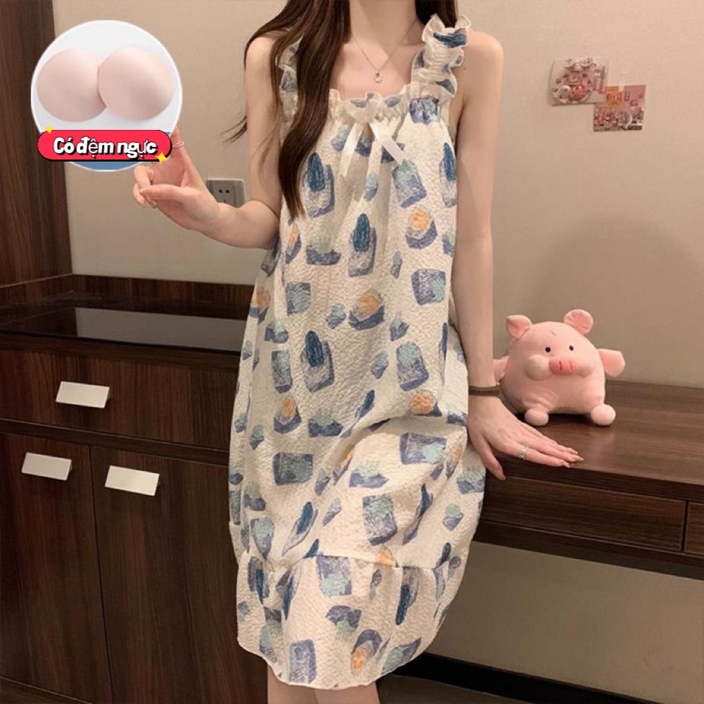 【Có độn ngực】Đầm ngủ nữ phong cách Hàn Quốc dễ thương mới xuân hè 2026: Áo dây quai in hình hoạt hình xinh xắn, cotton mát dáng rộng, có cúp ngực tháo rời【mặc nhà hay dạo phố đều đẹp, tiện lợi】
