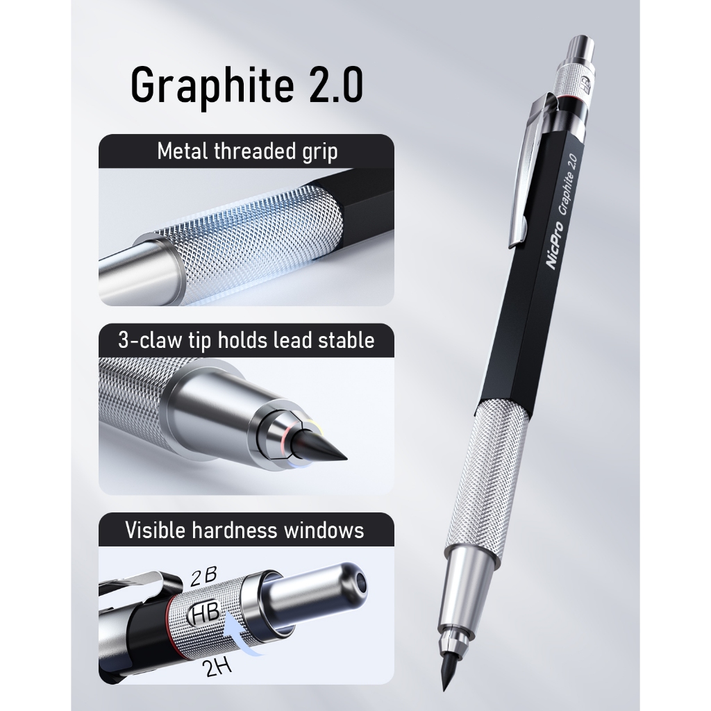 Nicpro 6 Bút chì cơ khí kim loại nghệ thuật Bộ 0,5, 0,7, 0,9, 2.0mm kèm hộp đựng, (4B 2B HB 2H 4H) Bút chì soạn thảo với 23 ống nạp chì để viết và vẽ phác thảo