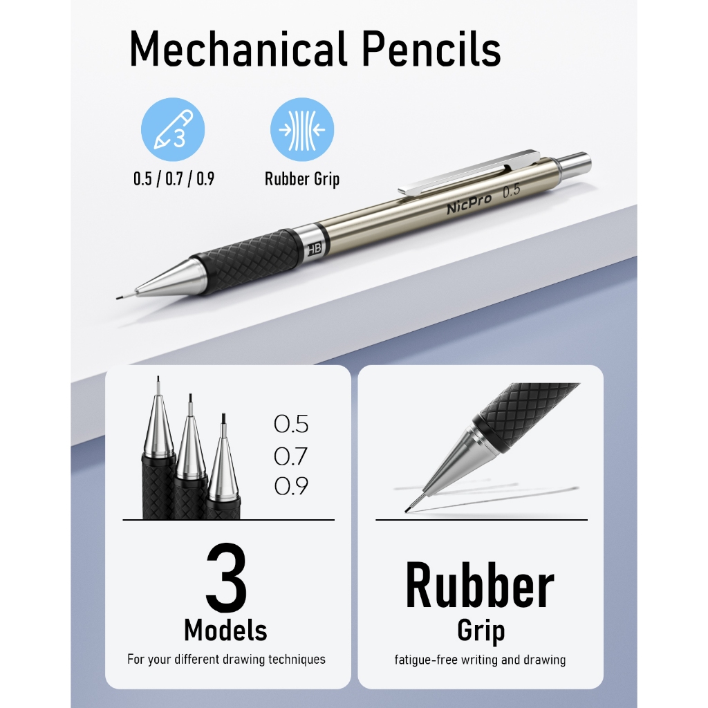 Bộ bút chì cơ khí nghệ thuật Nicpro 34 CÁI, bút chì soạn thảo kim loại 3 CÁI 0,5 mm & 0,7 mm & 0,9 mm (HB) & 3 giá đỡ chì 2.0mm (6B 4B 2B HB 2H 4H) được sử dụng để viết văn phòng hàng ngày Nghệ thuật d