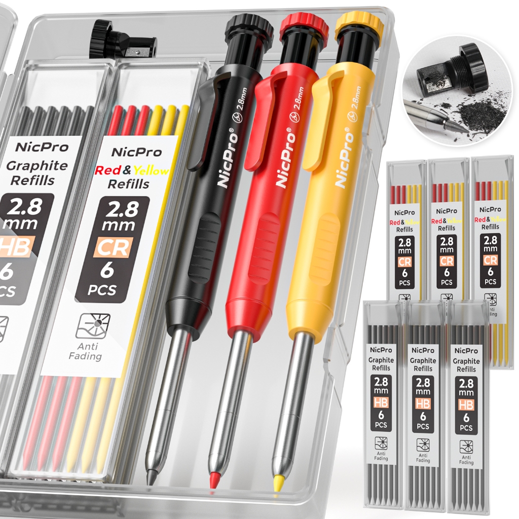 Nicpro Bộ 3 bút chì thợ mộc cơ khí 2,8mm HB kèm 36 lần nạp lại, đánh dấu lỗ sâu, chuyên xây dựng và chế biến gỗ hạng nặng cho kiến trúc sư