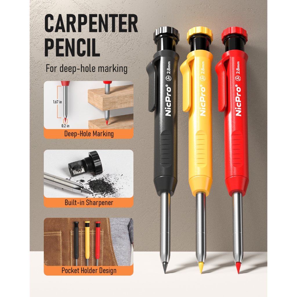 Nicpro Bộ 3 bút chì thợ mộc cơ khí 2,8mm HB kèm 36 lần nạp lại, đánh dấu lỗ sâu, chuyên xây dựng và chế biến gỗ hạng nặng cho kiến trúc sư