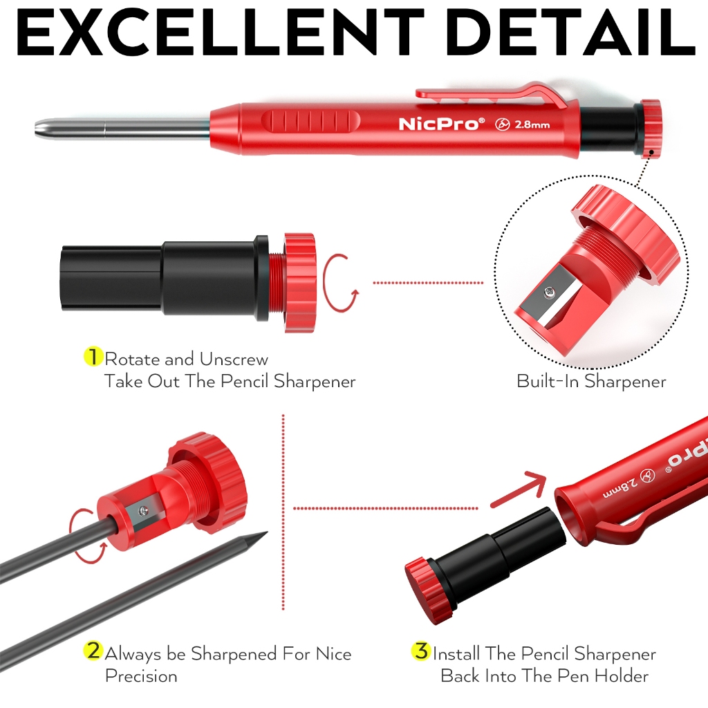 Nicpro Bộ 3 bút chì thợ mộc cơ khí 2,8mm HB kèm 36 lần nạp lại, đánh dấu lỗ sâu, chuyên xây dựng và chế biến gỗ hạng nặng cho kiến trúc sư