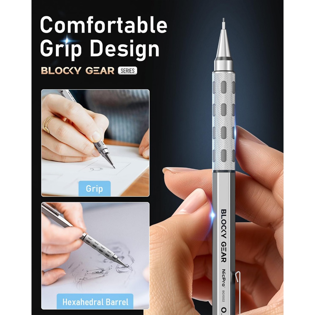 Nicpro 2 CÁI Bộ bút chì cơ khí kim loại Blocky Gear 0,5 & 0,7 mm có vỏ, bút chì soạn thảo HB, 2B để viết và vẽ phác thảo