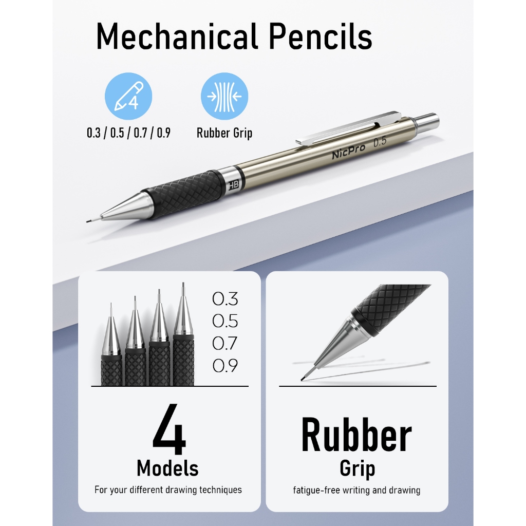 Nicpro 6 Bút chì cơ khí kim loại nghệ thuật Bộ 0,5, 0,7, 0,9, 2.0mm kèm hộp đựng, (4B 2B HB 2H 4H) Bút chì soạn thảo với 23 ống nạp chì để viết và vẽ phác thảo