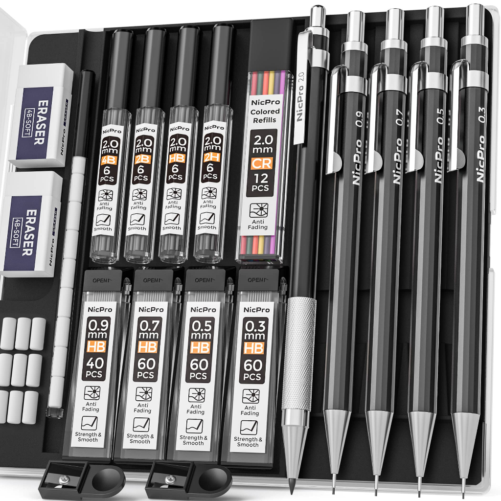 Bộ bút chì cơ khí Nicpro Black Art 0,3–0,9mm & 2mm, giá đỡ than chì (2H HB 2B 4B) kèm 9 chì nạp lại, dùng cho phác thảo