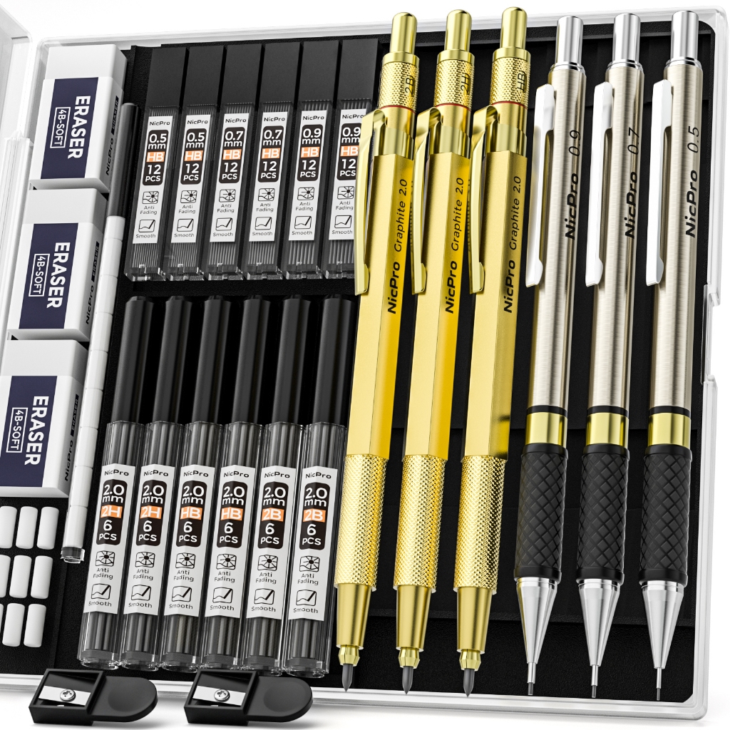 Bộ bút chì cơ khí Nicpro Gold Art 0,5/0,7/0,9mm & 2mm, kèm hộp đựng chì nạp lại, giá đỡ chì (2B/HB/2H) để vẽ phác thảo