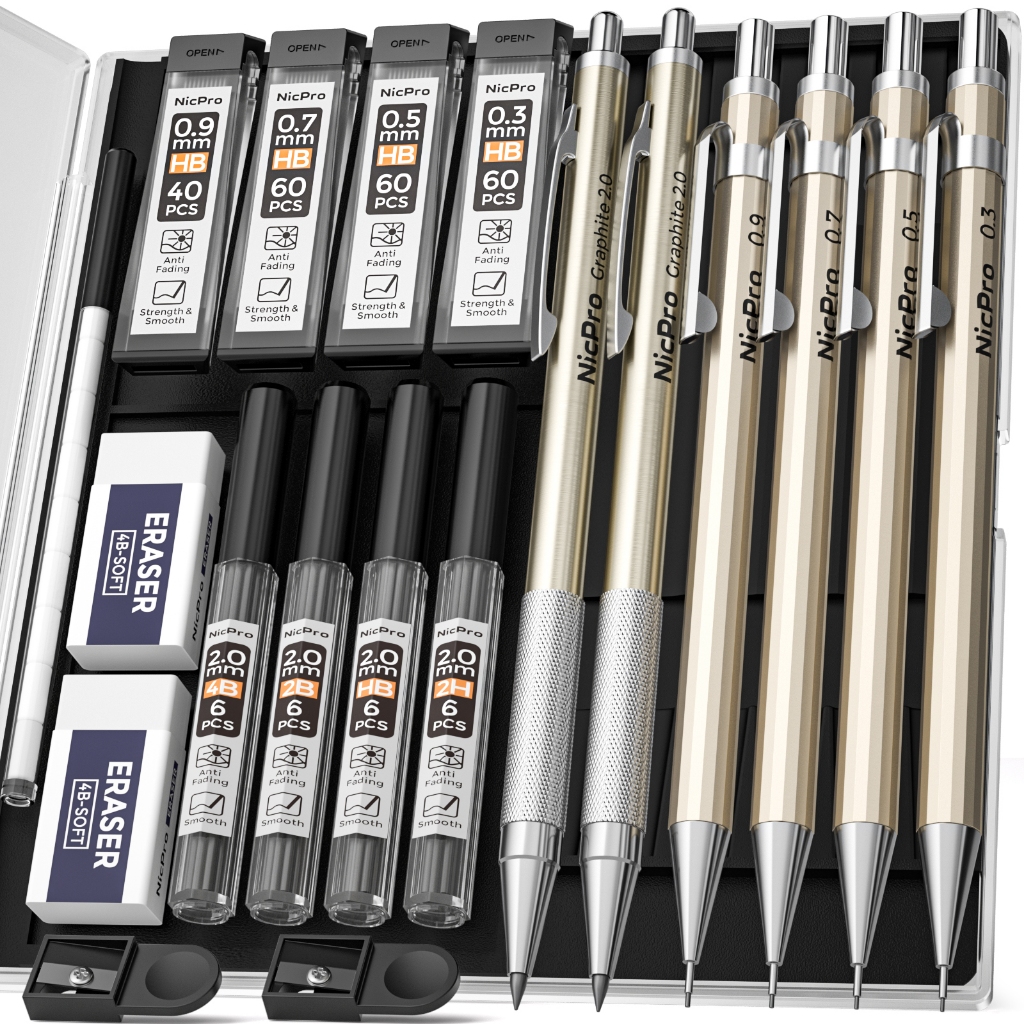 Bộ bút chì cơ khí kim loại Nicpro 6 chiếc, bút chì soạn thảo nghệ sĩ 0,3 & 0,5 & 0,7 & 0,9 mm HB và 2.0mm 2H, HB, 2B, 4B để viết, vẽ phác thảo nghệ thuật, với 8 ống nạp chì