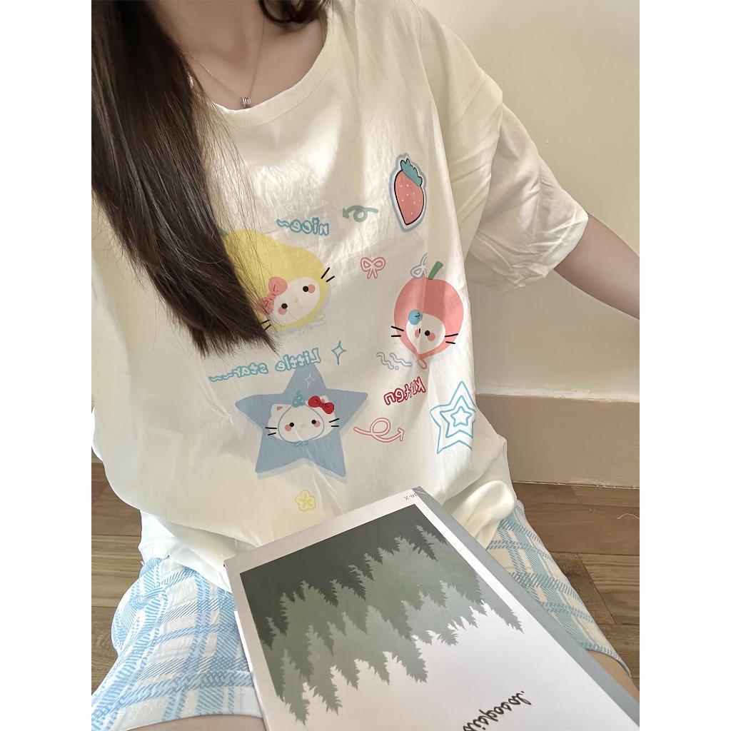 【Bộ đồ ngủ mùa hè cotton có miếng độn ngực】Áo tay ngắn + quần đùi – Đồ mặc nhà nữ – Dễ thương, thông thoáng, hot trend