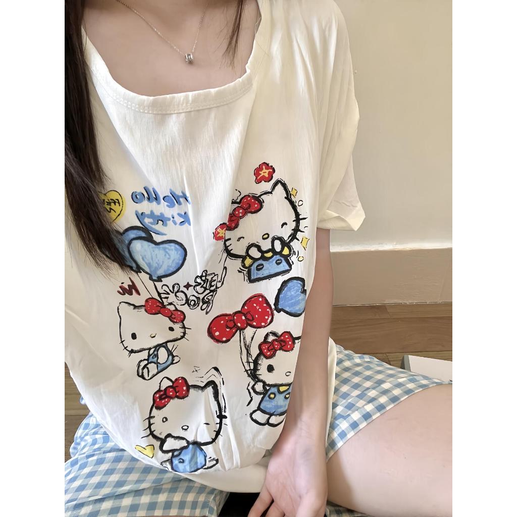 【Bộ đồ ngủ mùa hè cotton có miếng độn ngực】Áo tay ngắn + quần đùi – Đồ mặc nhà nữ – Dễ thương, thông thoáng, hot trend