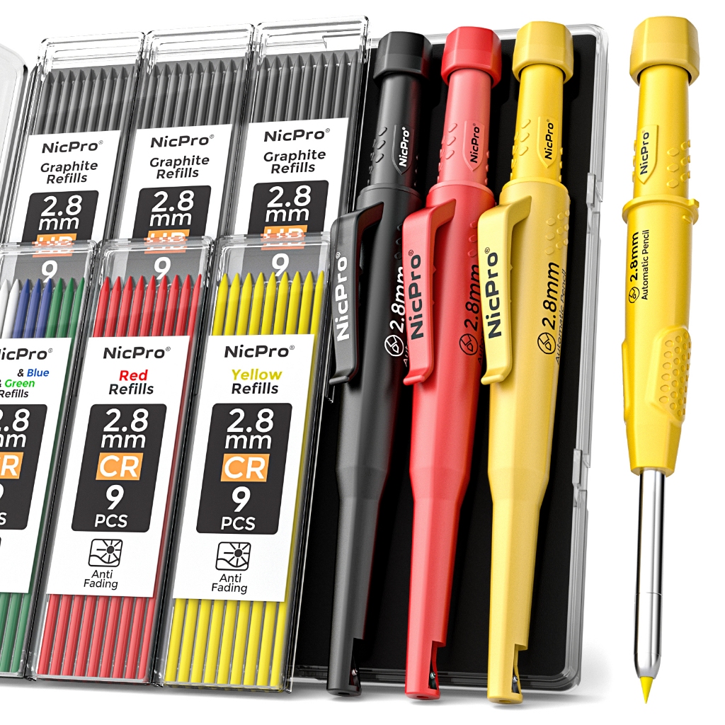 Bộ bút chì thợ mộc 3 chiếc Nicpro, Bút chì cơ khí 2,8mm với 54 lần nạp lại, Bút đánh dấu lỗ sâu Bút chì mộc xây dựng, Bút chì kiến trúc sư để chế biến gỗ