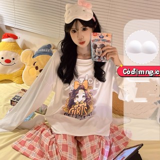【Bông 100% + Cúp ngực】Bộ đồ ngủ mùa xuân thu tay dài quần dài – Chất bông mềm mại, ấm áp nhưng thoáng mát – Phong cách ngọt ngào, thời trang – Đồ mặc nhà cho nữ sinh siêu xinh
