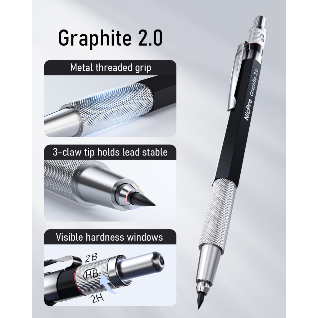 Bộ bút chì cơ khí nghệ thuật Nicpro 6 chiếc: 3 bút 0,5/0,7/0,9 mm (HB) & 3 giá đỡ 2 mm (HB 2B 2H)