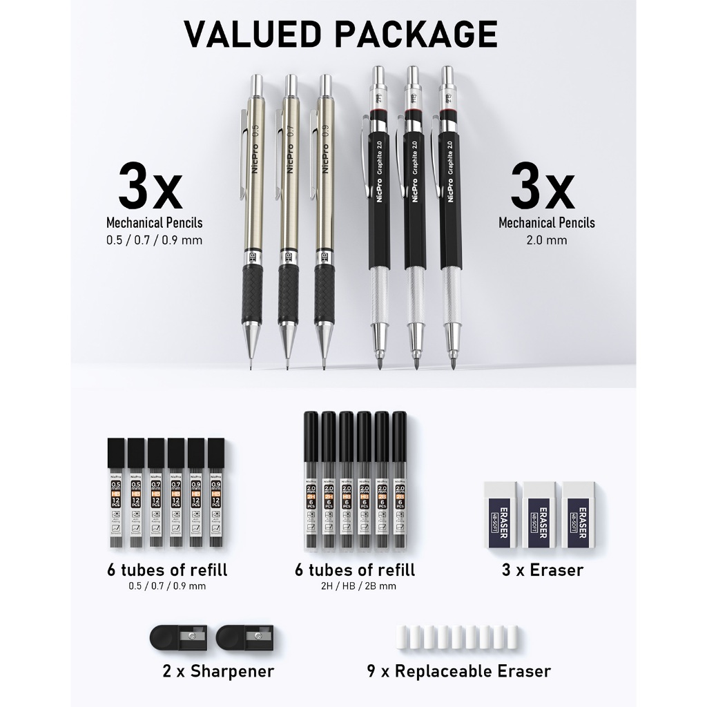 Bộ bút chì cơ khí nghệ thuật Nicpro 6 chiếc: 3 bút 0,5/0,7/0,9 mm (HB) & 3 giá đỡ 2 mm (HB 2B 2H)