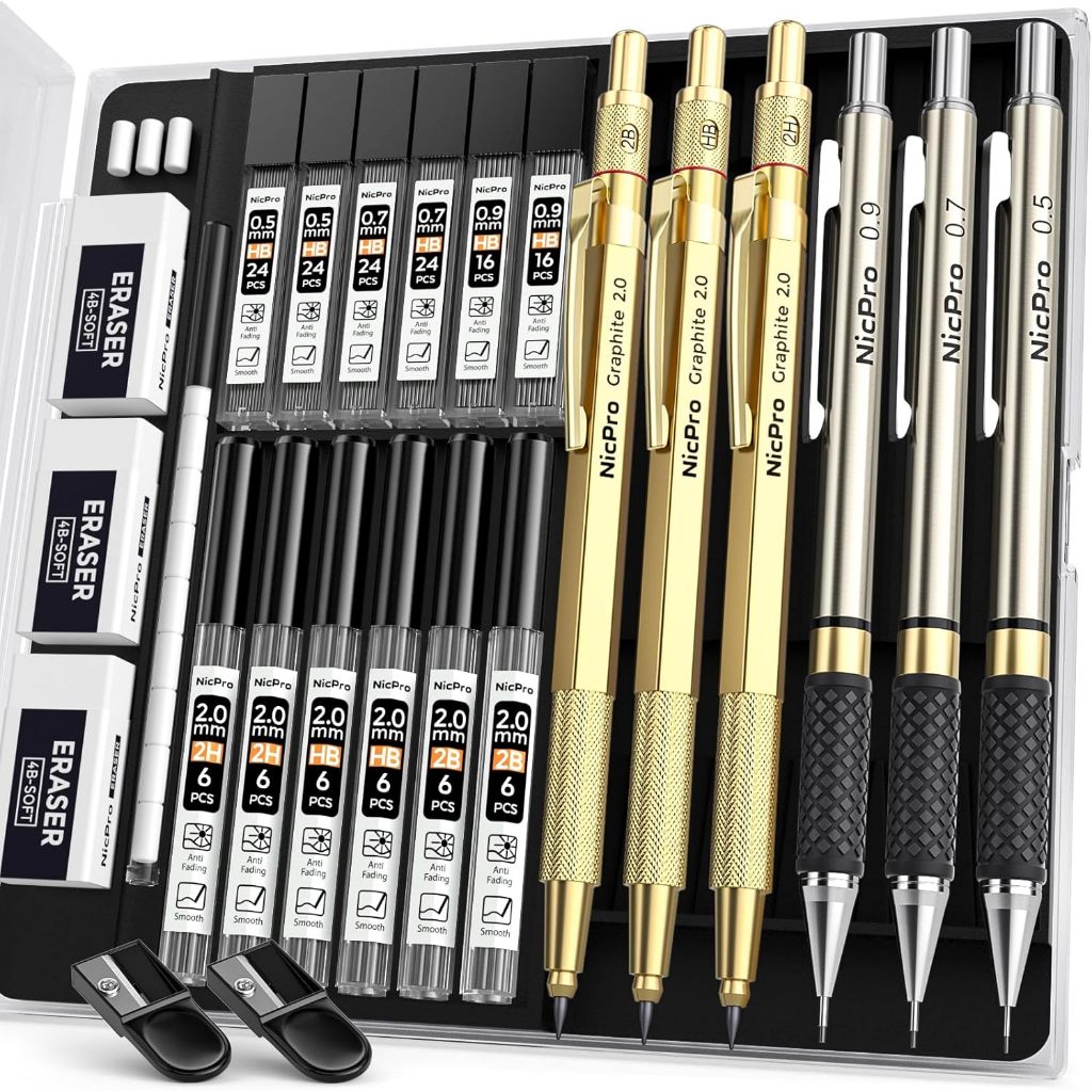 Bộ bút chì cơ khí nghệ thuật Nicpro 6 chiếc: 3 bút 0,5/0,7/0,9 mm (HB) & 3 giá đỡ 2 mm (HB 2B 2H)