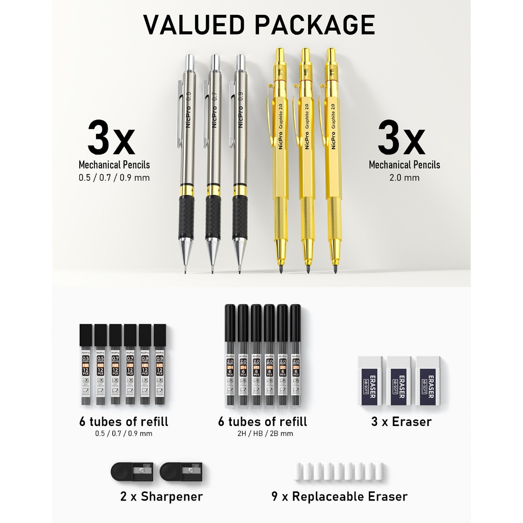 Bộ bút chì cơ khí nghệ thuật Nicpro 6 chiếc: 3 bút 0,5/0,7/0,9 mm (HB) & 3 giá đỡ 2 mm (HB 2B 2H)