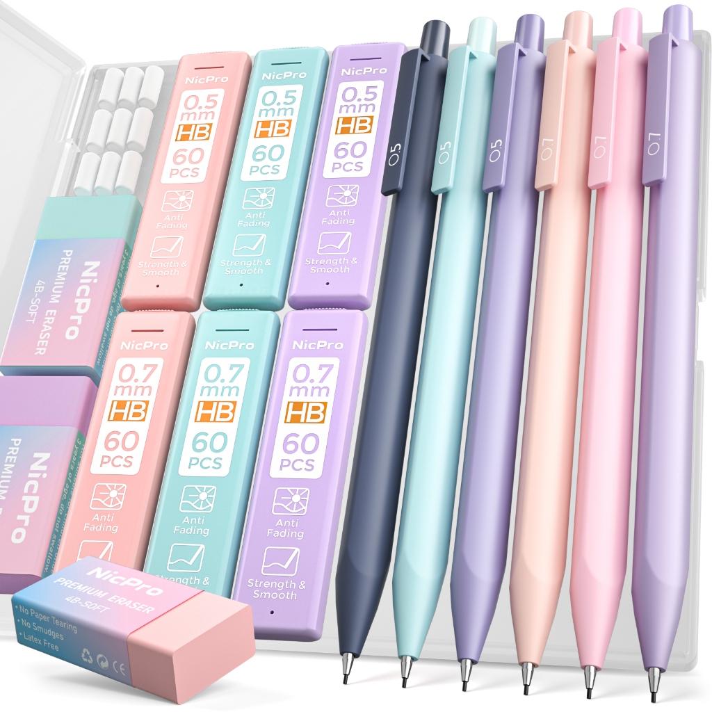 Bộ bút chì cơ khí Nicpro 6 chiếc, 0,5 & 0,7 mm với 6 ống nạp chì HB, 3 chiếc tẩy và 9 chiếc Tẩy lại - có hộp đựng dễ thương, dùng để viết và vẽ phác thảo
