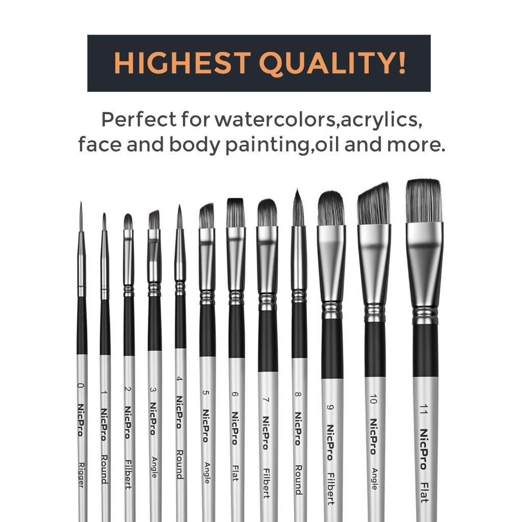Nicpro 12 Chiếc Acrylic Cọ Sơn Bộ, Bộ Cọ Sơn Nghệ Sĩ Cho Màu Nước Sơn Dầu Gouache Tranh Gốm Mặt Body Giày Mô Hình Thủ Công, Kid & Adult Art Paint Brushes