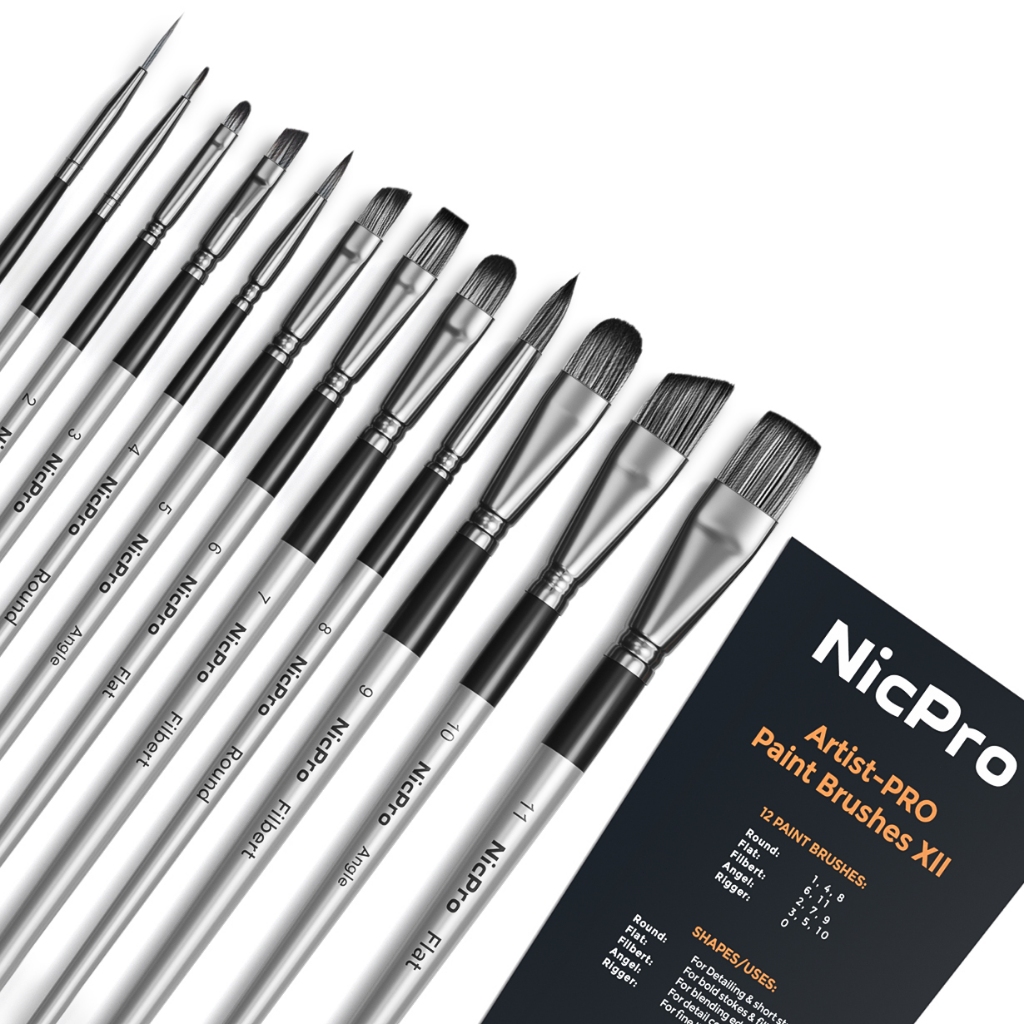 Nicpro 12 Chiếc Acrylic Cọ Sơn Bộ, Bộ Cọ Sơn Nghệ Sĩ Cho Màu Nước Sơn Dầu Gouache Tranh Gốm Mặt Body Giày Mô Hình Thủ Công, Kid & Adult Art Paint Brushes
