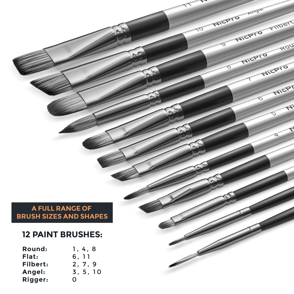 Nicpro 12 Chiếc Acrylic Cọ Sơn Bộ, Bộ Cọ Sơn Nghệ Sĩ Cho Màu Nước Sơn Dầu Gouache Tranh Gốm Mặt Body Giày Mô Hình Thủ Công, Kid & Adult Art Paint Brushes