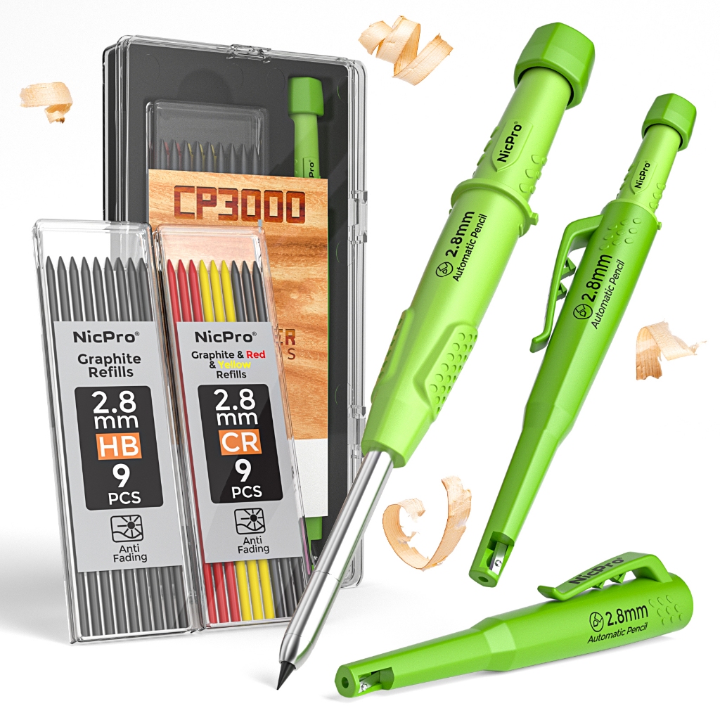 Bút chì thợ mộc Nicpro có máy mài, Bút chì cơ khí thợ mộc CP3000 với 19 lần nạp lại, Bút đánh dấu lỗ sâu để xây dựng, Bút chì xây dựng hạng nặng, Dụng cụ chế biến gỗ