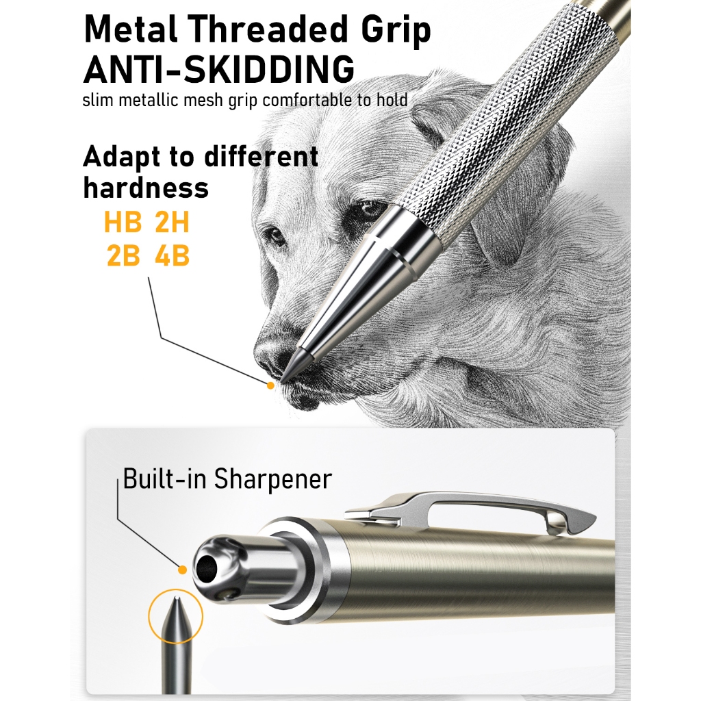 Bộ bút chì cơ khí kim loại Nicpro 6 chiếc, bút chì soạn thảo nghệ sĩ 0,3 & 0,5 & 0,7 & 0,9 mm HB và 2.0mm 2H, HB, 2B, 4B để viết, vẽ phác thảo nghệ thuật, với 8 ống nạp chì
