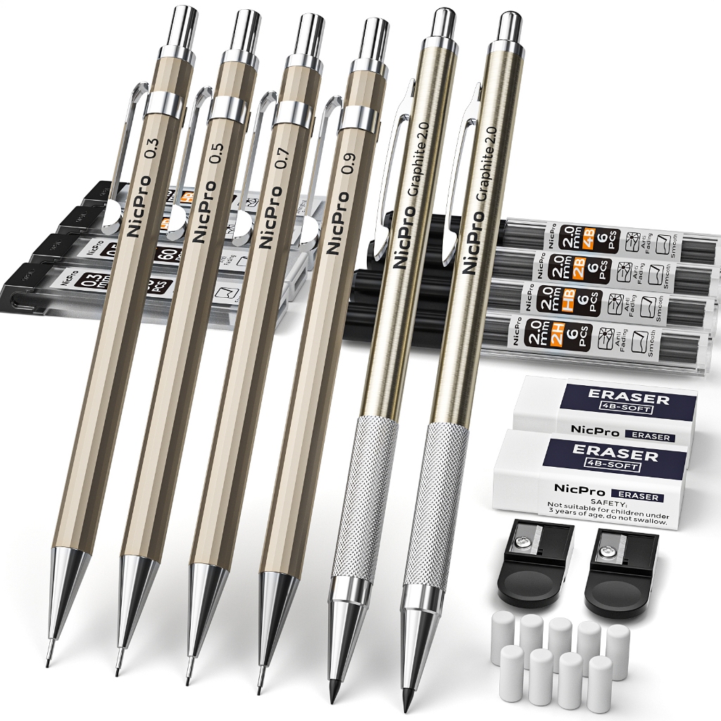 Bộ bút chì cơ khí kim loại Nicpro 6 chiếc, bút chì soạn thảo nghệ sĩ 0,3 & 0,5 & 0,7 & 0,9 mm HB và 2.0mm 2H, HB, 2B, 4B để viết, vẽ phác thảo nghệ thuật, với 8 ống nạp chì