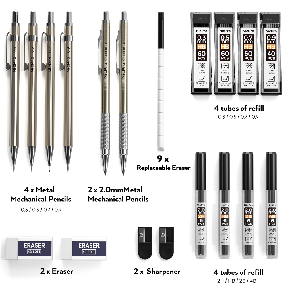Bộ bút chì cơ khí kim loại Nicpro 6 chiếc, bút chì soạn thảo nghệ sĩ 0,3 & 0,5 & 0,7 & 0,9 mm HB và 2.0mm 2H, HB, 2B, 4B để viết, vẽ phác thảo nghệ thuật, với 8 ống nạp chì