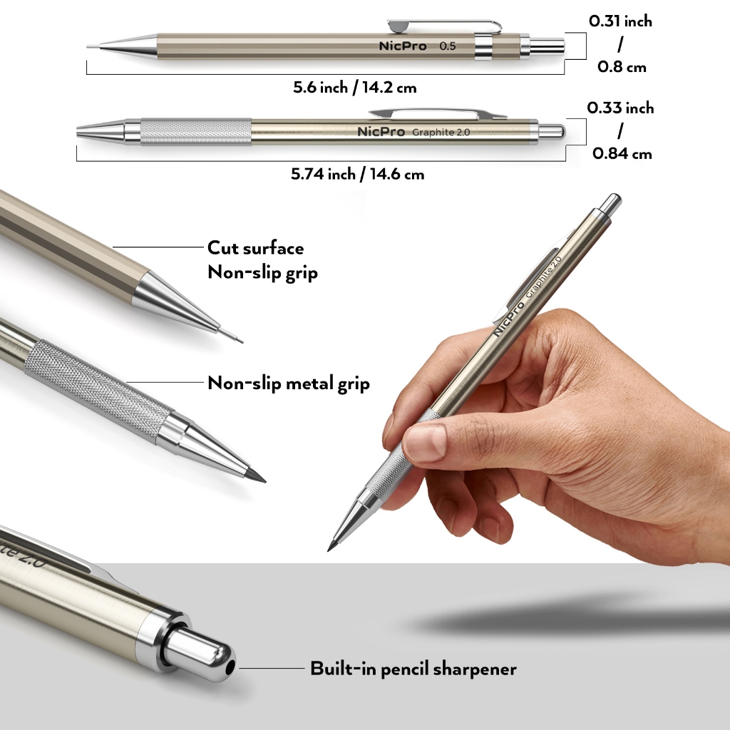 Bộ bút chì cơ khí kim loại Nicpro 6 chiếc, bút chì soạn thảo nghệ sĩ 0,3 & 0,5 & 0,7 & 0,9 mm HB và 2.0mm 2H, HB, 2B, 4B để viết, vẽ phác thảo nghệ thuật, với 8 ống nạp chì