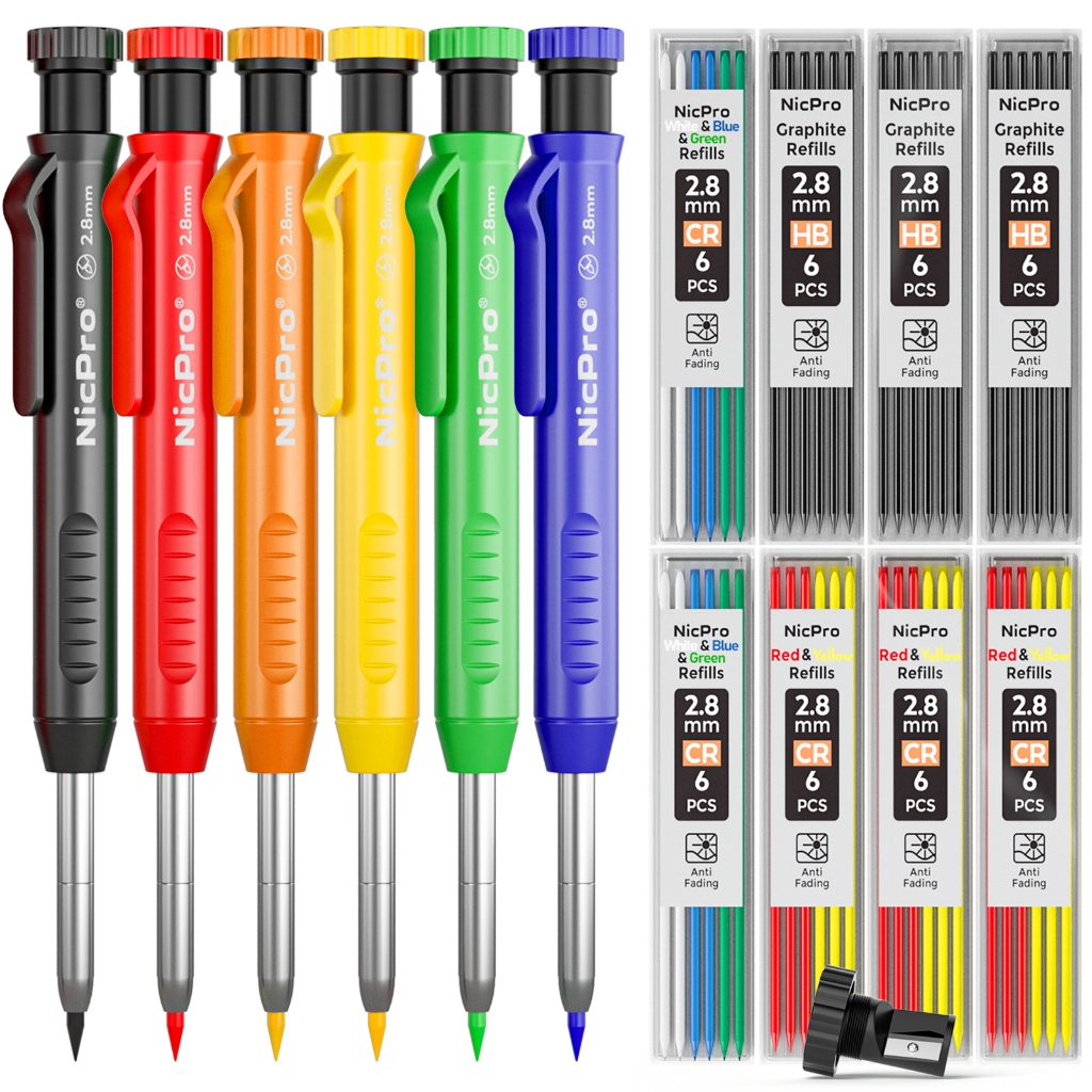 Nicpro 6 Gói Bút Chì Thợ Mộc Có Máy Mài, Bộ Bút Chì Cơ 54 Chiếc Đổ Lại (Đen, Đỏ, Vàng, Xanh Dương, Xanh, Trắng) Máy Đánh Dấu Lỗ Sâu Xây Dựng Chế Biến Gỗ Hạng Nặng -Có Cas