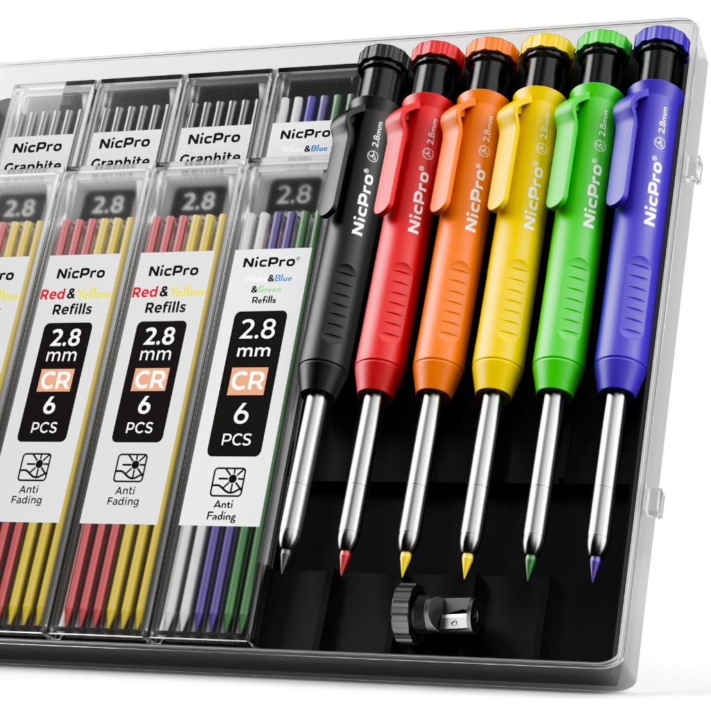 Nicpro 6 Gói Bút Chì Thợ Mộc Có Máy Mài, Bộ Bút Chì Cơ 54 Chiếc Đổ Lại (Đen, Đỏ, Vàng, Xanh Dương, Xanh, Trắng) Máy Đánh Dấu Lỗ Sâu Xây Dựng Chế Biến Gỗ Hạng Nặng -Có Cas