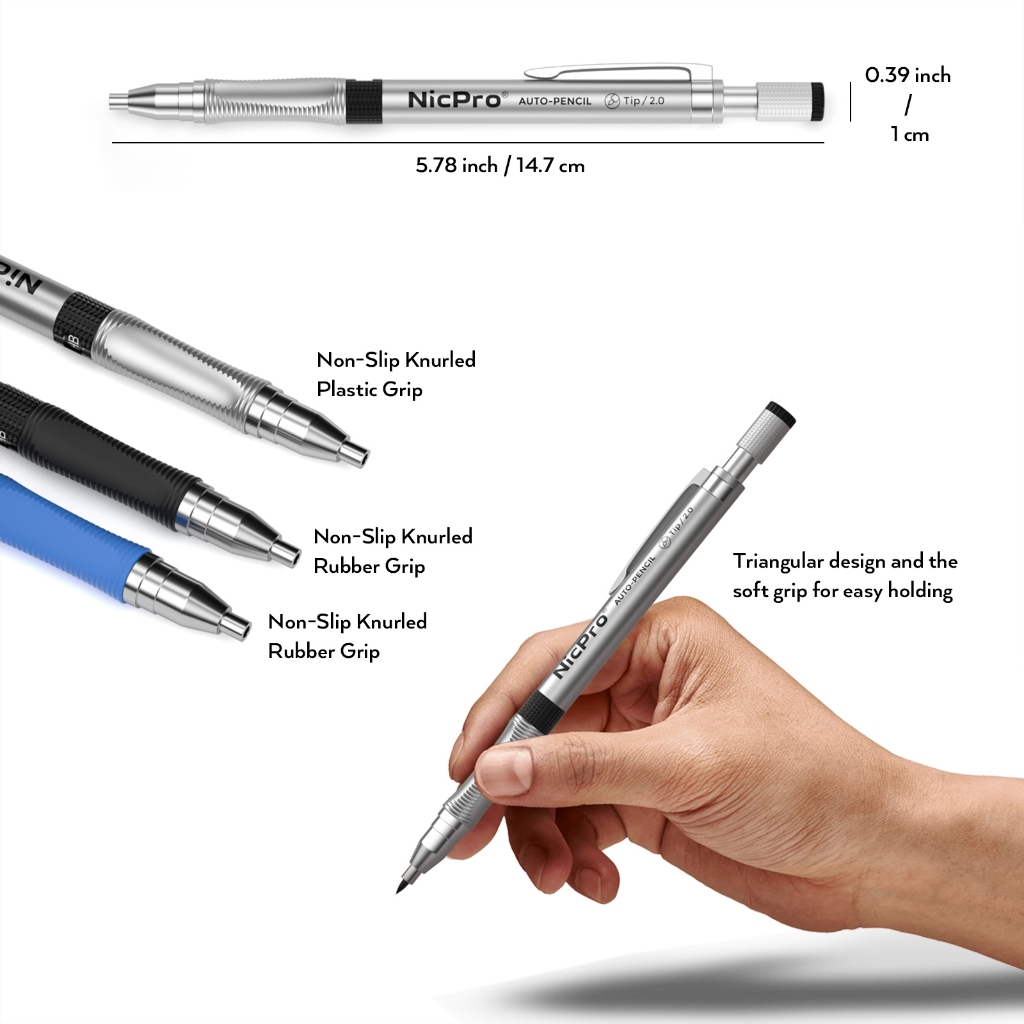 Bộ bút chì cơ khí Nicpro 3 chiếc 2.0mm, Bút chì ly hợp soạn thảo nghệ sĩ 2.0 mm để vẽ nghệ thuật Viết phác thảo với 6 ống Pre-Sharpen HB & 2B Refill, Eraser, Sharpener, Propell
