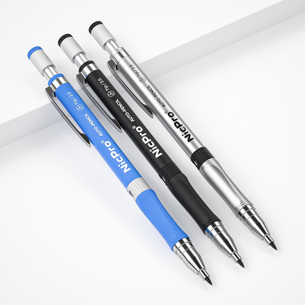 Bộ bút chì cơ khí Nicpro 3 chiếc 2.0mm, Bút chì ly hợp soạn thảo nghệ sĩ 2.0 mm để vẽ nghệ thuật Viết phác thảo với 6 ống Pre-Sharpen HB & 2B Refill, Eraser, Sharpener, Propell