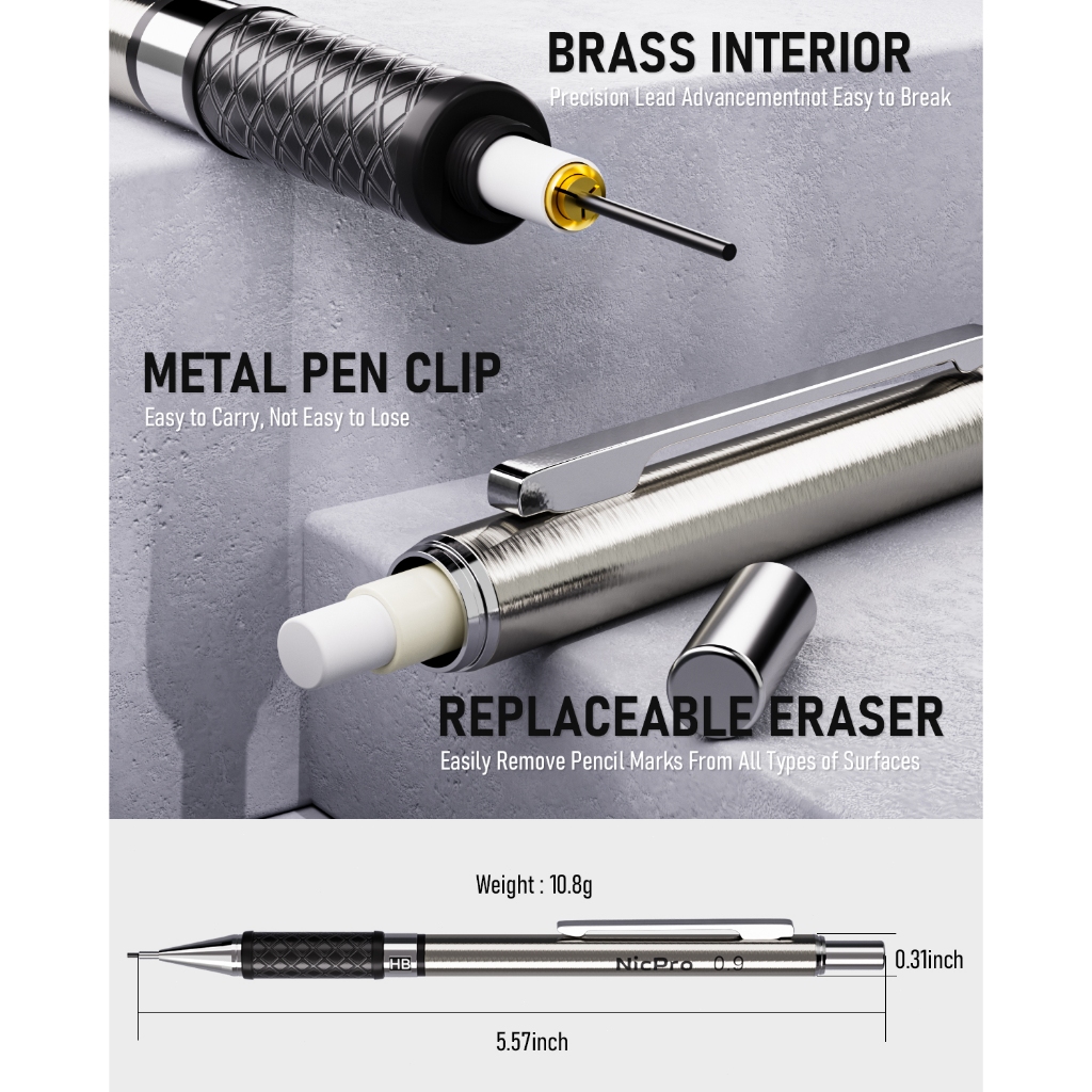 Nicpro 3 CÁI 0,9 mm Bộ bút chì cơ khí kim loại nghệ thuật trong hộp đựng, bút chì HB với 6 ống nạp chì HB, 3 tẩy để viết, vẽ, phác thảo nghệ sĩ