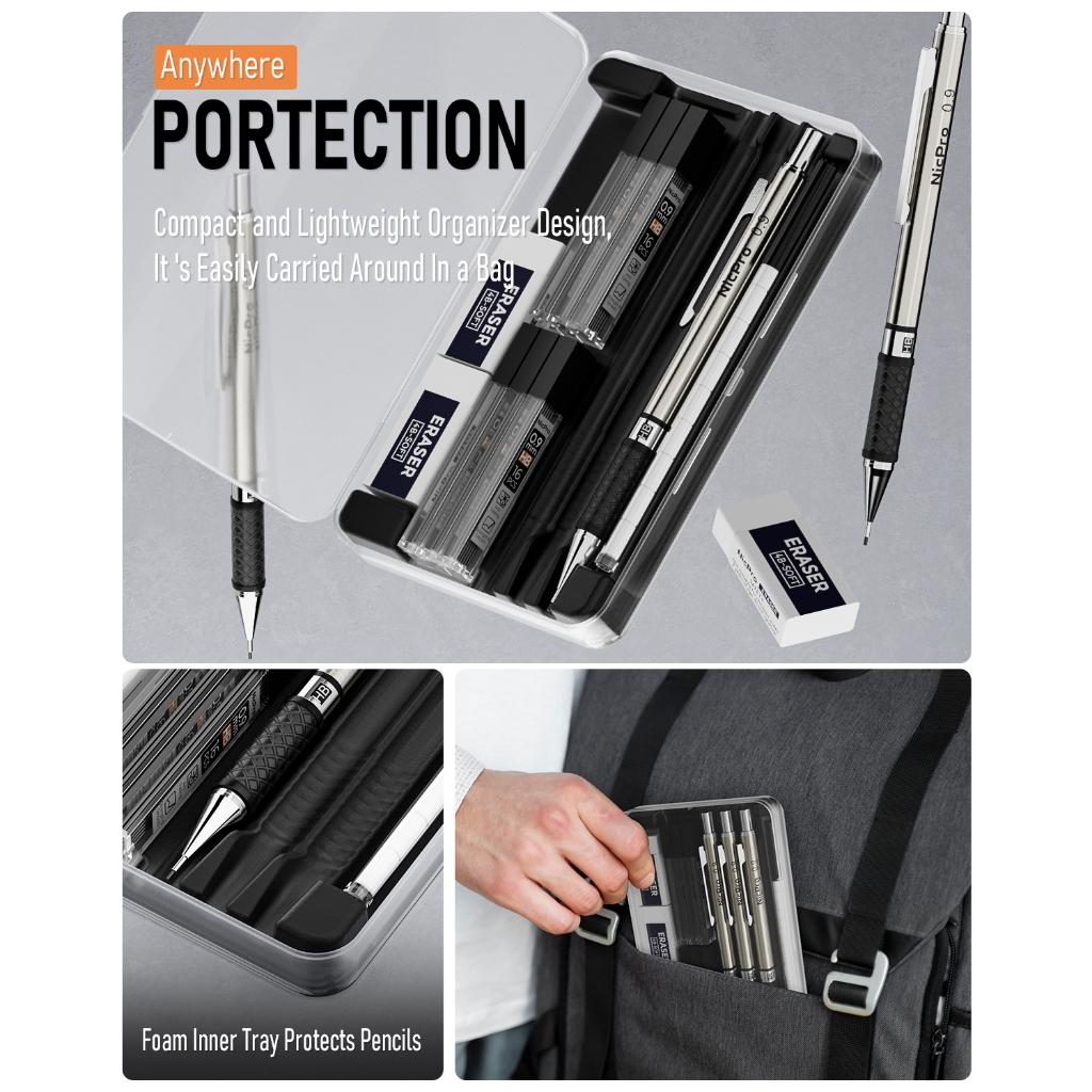 Nicpro 3 CÁI 0,9 mm Bộ bút chì cơ khí kim loại nghệ thuật trong hộp đựng, bút chì HB với 6 ống nạp chì HB, 3 tẩy để viết, vẽ, phác thảo nghệ sĩ
