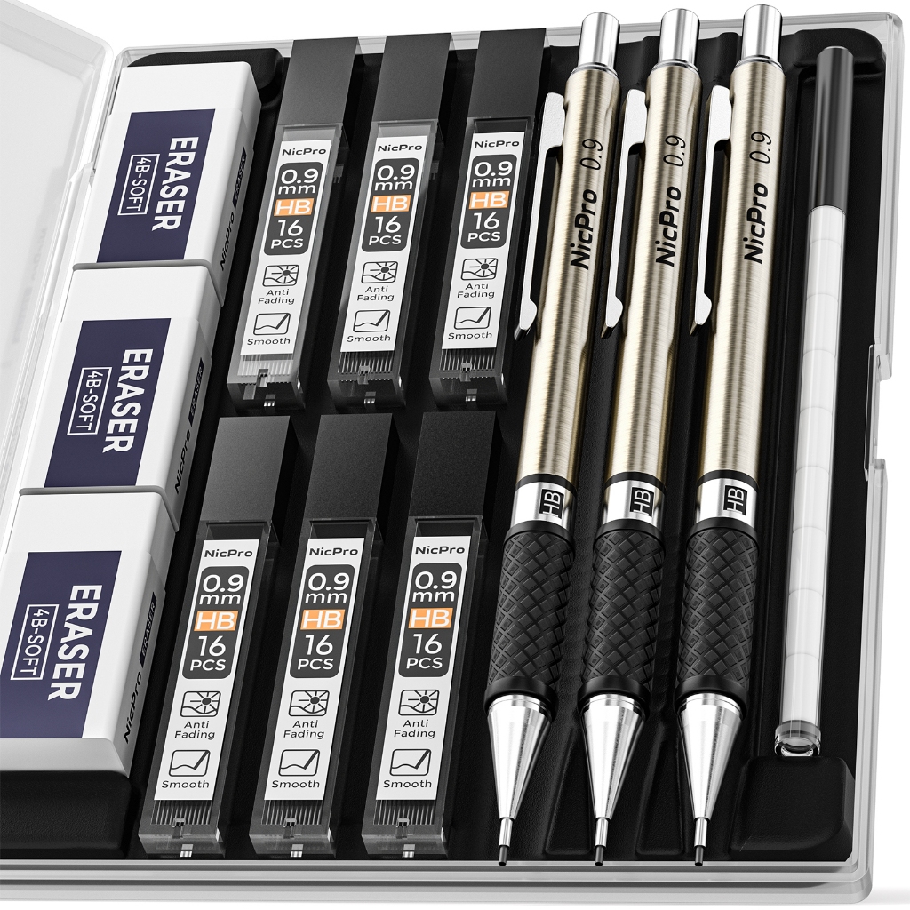 Nicpro 3 CÁI 0,9 mm Bộ bút chì cơ khí kim loại nghệ thuật trong hộp đựng, bút chì HB với 6 ống nạp chì HB, 3 tẩy để viết, vẽ, phác thảo nghệ sĩ