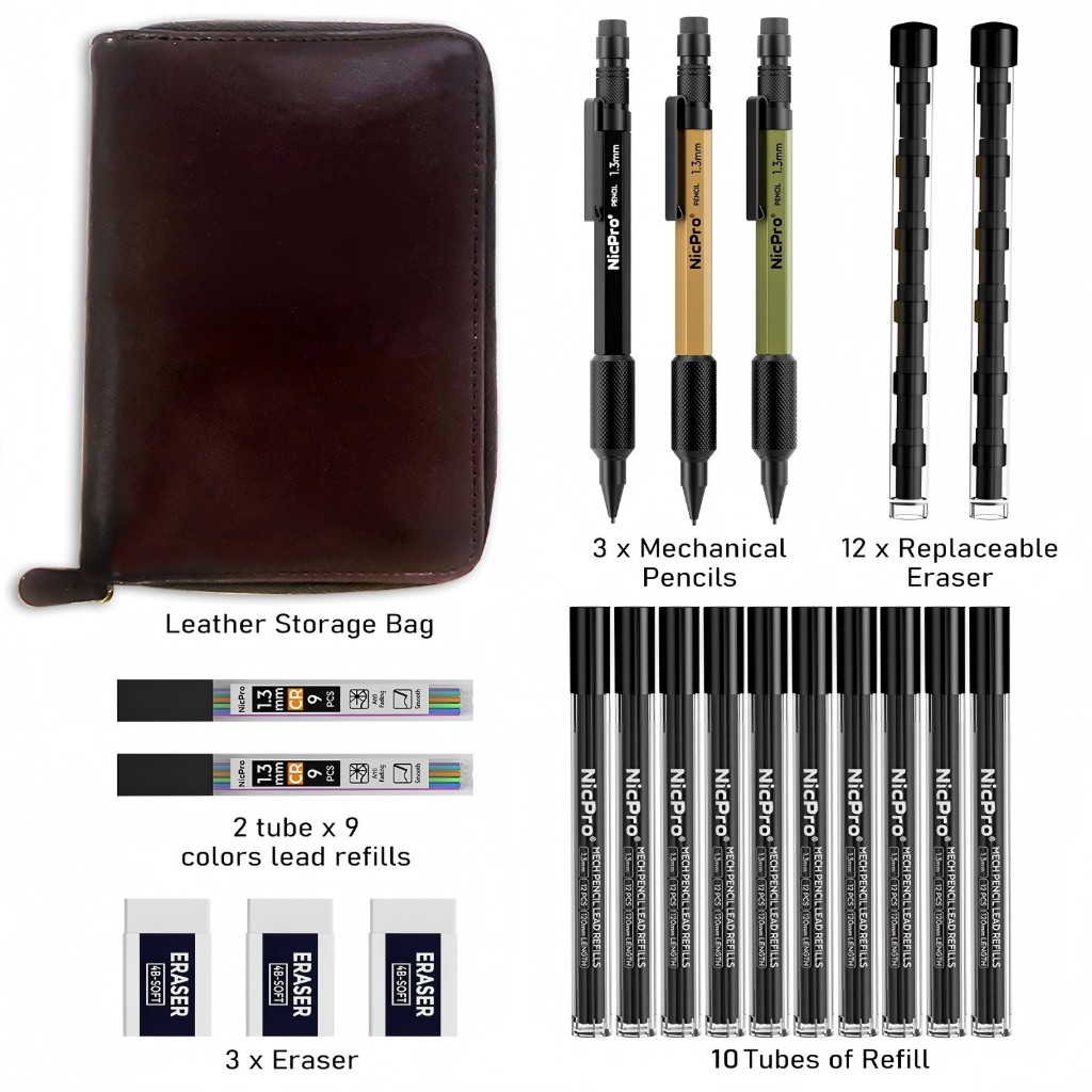 Bộ bút chì cơ khí kim loại Nicpro 3 CÁI 1,3 mm 3 màu có vỏ da, 12 ống nạp chì, 3 4B Eraser - Bút chì thợ mộc hạng nặng chịu thời tiết để viết và vẽ