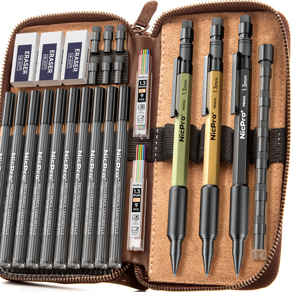 Bộ bút chì cơ khí kim loại Nicpro 3 CÁI 1,3 mm 3 màu có vỏ da, 12 ống nạp chì, 3 4B Eraser - Bút chì thợ mộc hạng nặng chịu thời tiết để viết và vẽ