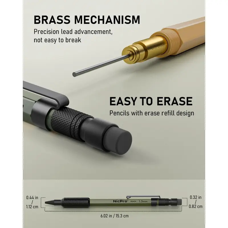 Bộ bút chì cơ khí kim loại Nicpro 3 CÁI 1,3 mm 3 màu có vỏ da, 12 ống nạp chì, 3 4B Eraser - Bút chì thợ mộc hạng nặng chịu thời tiết để viết và vẽ