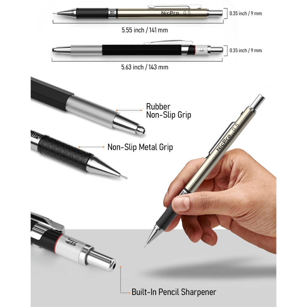Bộ bút kim loại 6 chiếc Nicpro kèm hộp da, bút cơ 0,5/0,7/0,9/2.0mm kèm 15 ống nạp để viết, vẽ