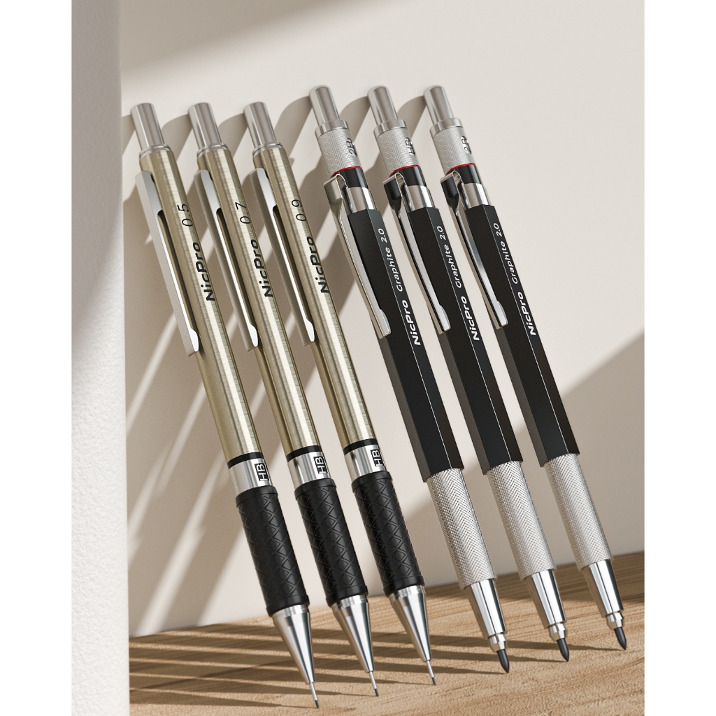 Bộ bút kim loại 6 chiếc Nicpro kèm hộp da, bút cơ 0,5/0,7/0,9/2.0mm kèm 15 ống nạp để viết, vẽ