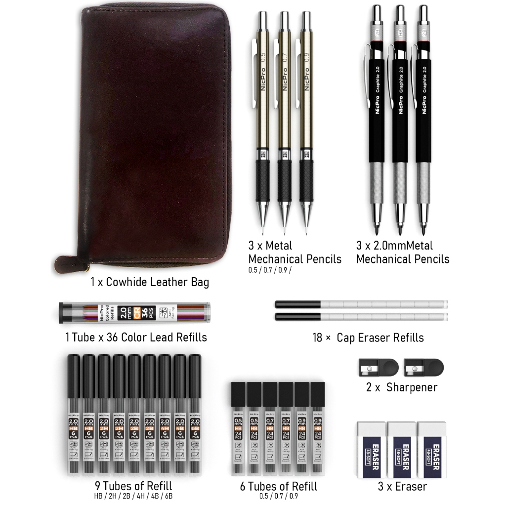 Bộ bút kim loại 6 chiếc Nicpro kèm hộp da, bút cơ 0,5/0,7/0,9/2.0mm kèm 15 ống nạp để viết, vẽ