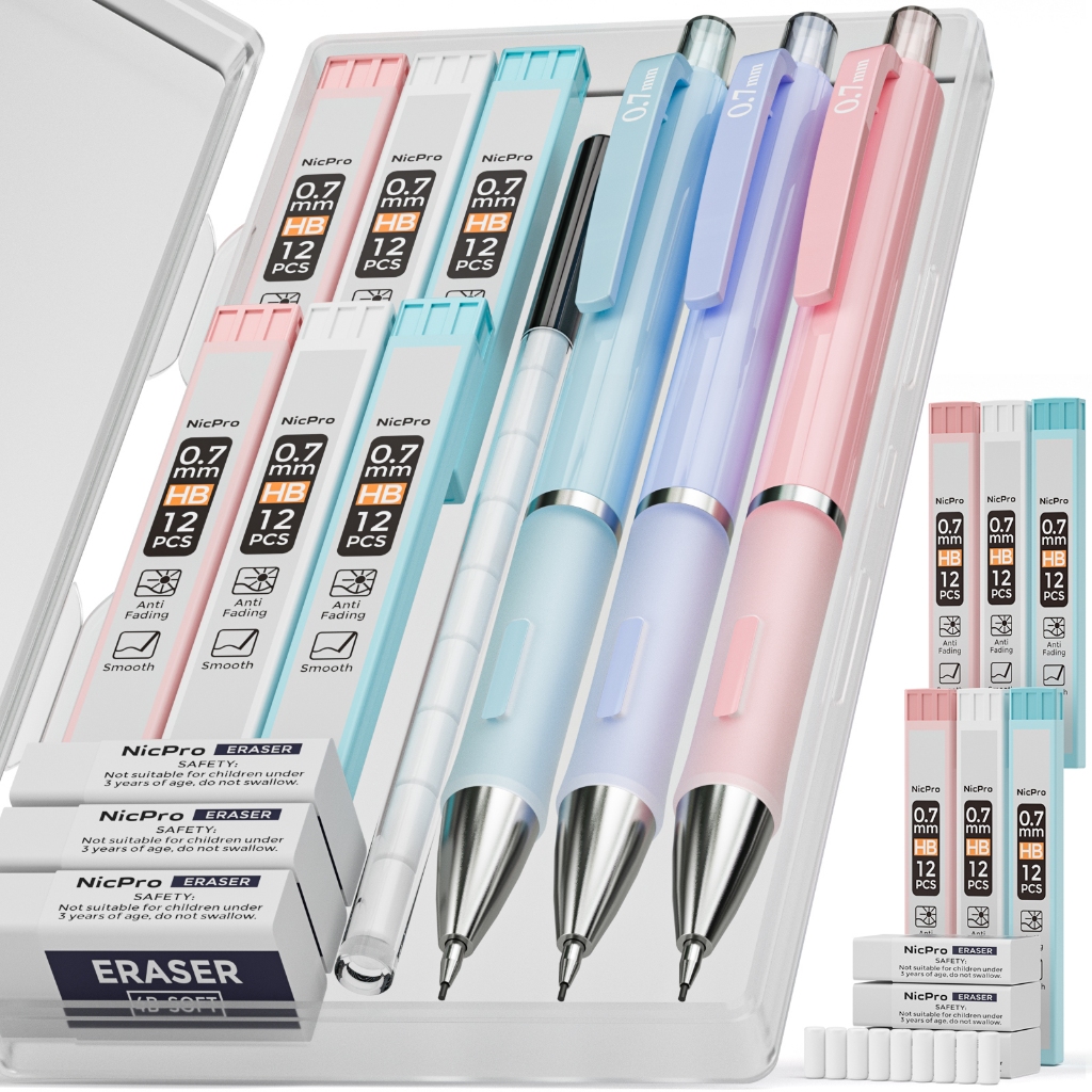 Nicpro 3 bút chì cơ 0,7mm kèm 6 ruột chì HB, tẩy 3 chiếc, vỏ bọc